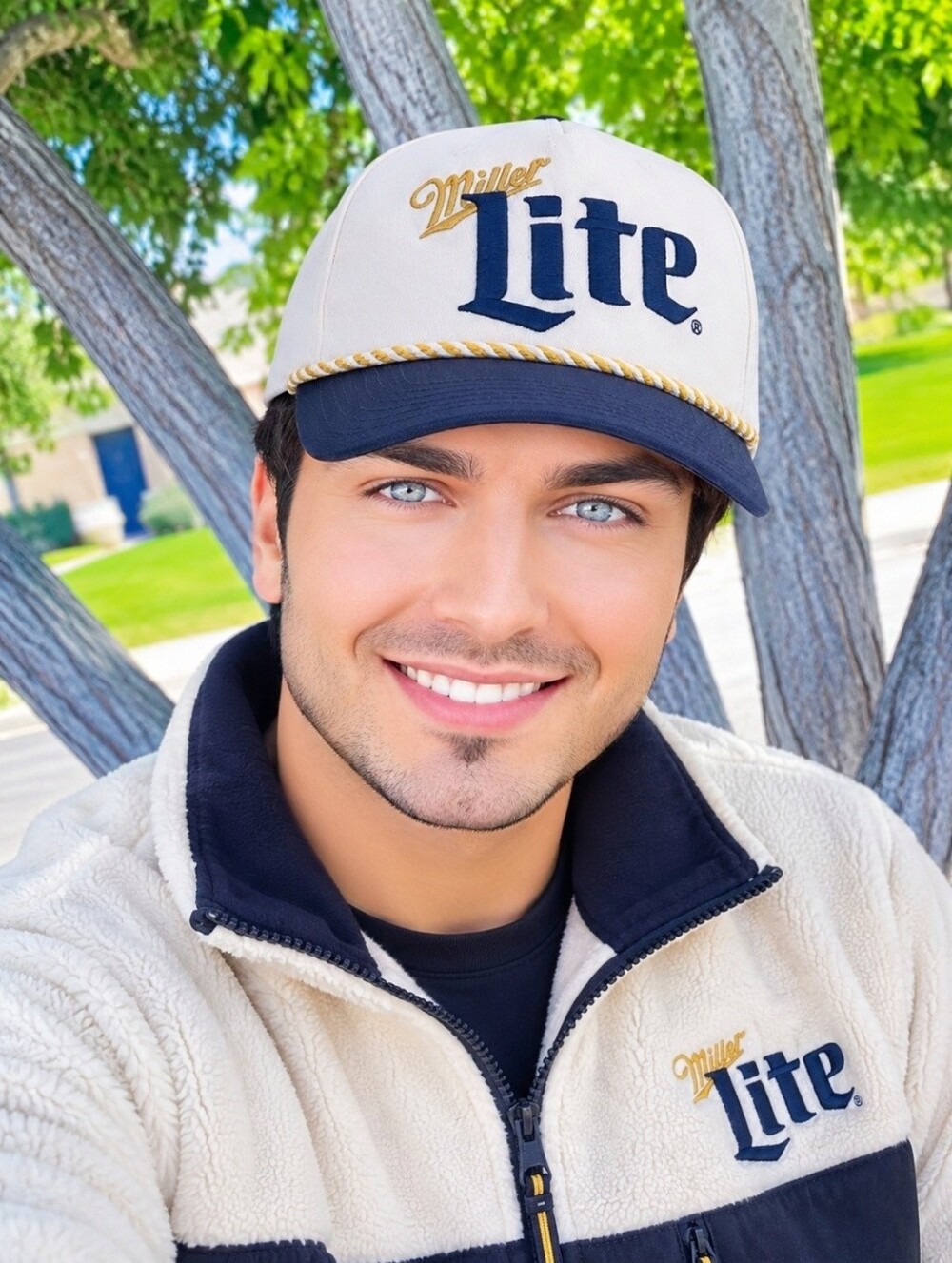 Miller Lite 5 Panel Snapback Cap. White With Black Brim